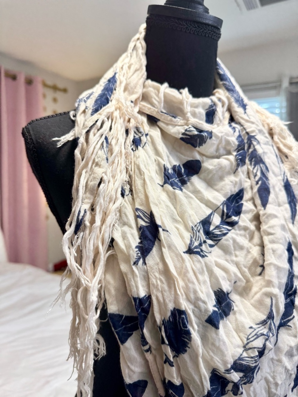 Cream Navy Feather Print Fringe Scarf Lightweight Boho Wrap - Picture 5 of 5